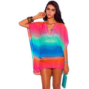 Resort Ombre Rainbow Tropical Bling Caftan Tunic Cover Up